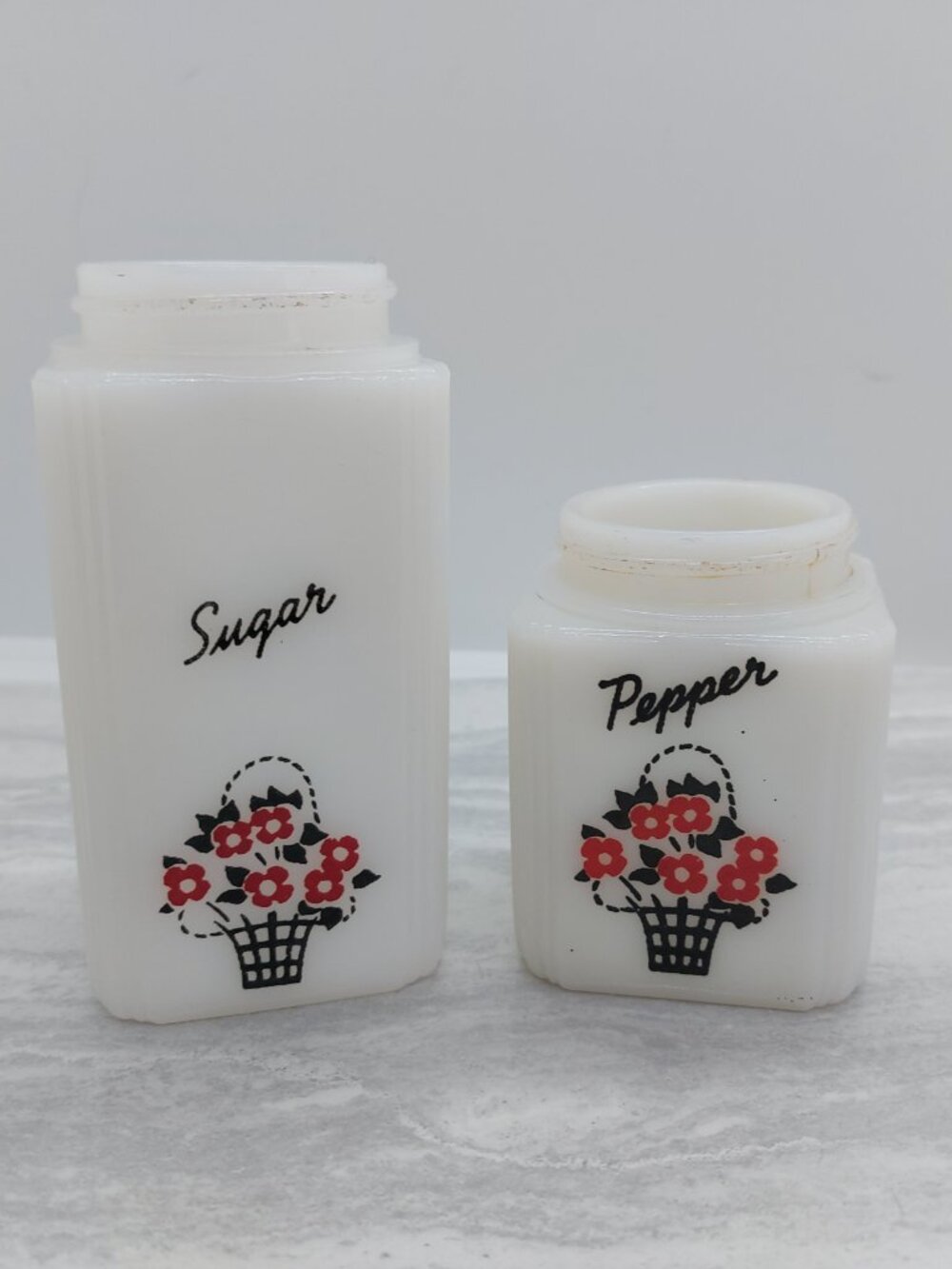 2 Vintage Milk Glass Tipp City Sugar & Pepper Shakers No  Lids